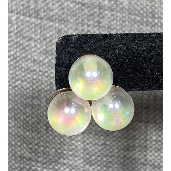 Screw Back Earrings Glass AB Beads Cluster Silver Tone Vintage Estate - Picture 8 of 14